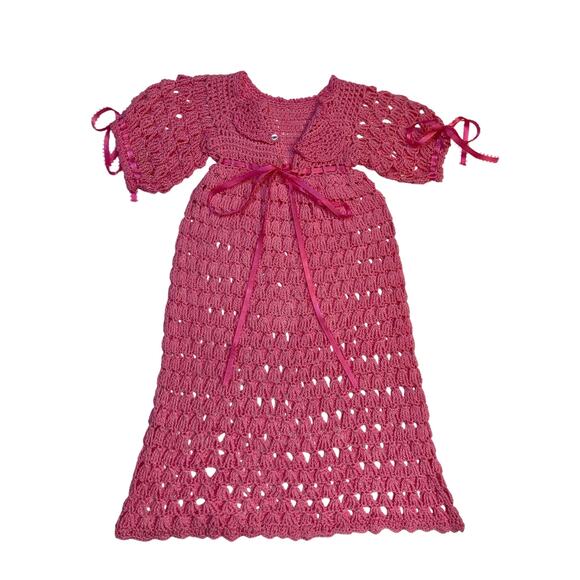 Pink Handcrafted Crochet Lace Ribbon Bow Button Christening Gown Formal Dress - Picture 1 of 10